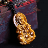 Guanyin et Bouddha Rieur - Pendentif Œil de Tigre