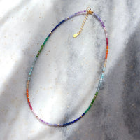 Hinode - 천연석 목걸이 무지개 목걸이 작은 돌 925 스털링 실버 골드 컬러 조절 가능한 목걸이 37.5+4cm 남성 여성 선물용