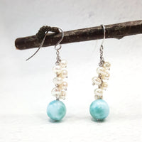 Daeyan - Boucles d'Oreilles Or, Larimar et Perles d'Eau Douce
