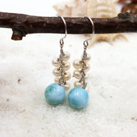 Daeyan - Boucles d'Oreilles Or, Larimar et Perles d'Eau Douce