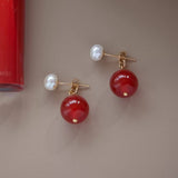 Mutiara - Boucles d'Oreilles Or, Perle d'Eau Douce et Cornaline