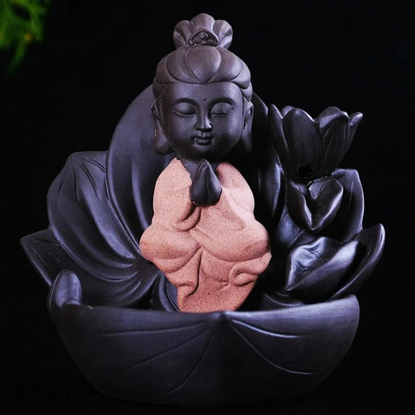 Moine Méditation et Fleurs de Lotus - Porte-Encens